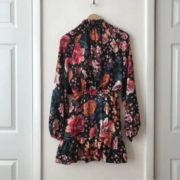 Torn By Ronny Kobo Black Floral Asymmetric Ruffled Mini Dress Size L - Picture 2 of 6